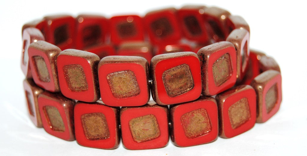 Table Cut Square Beads With Turned Square, Opaque Red Bronze (93200 14415), Glass, Czech Republic