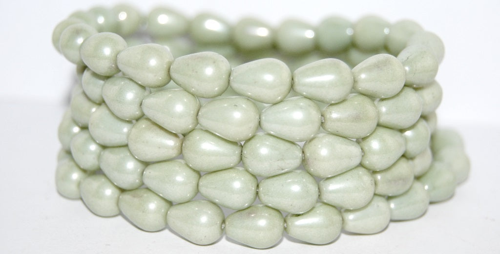 Pear Drop Pressed Glass Beads, Luster Green Full Coated (14457), Glass, Czech Republic