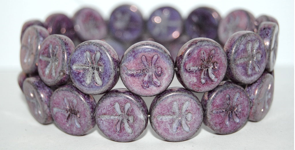 Round Flat Wit Dragonfly Pressed Glass Beads, White Purple (2010 15726), Glass, Czech Republic