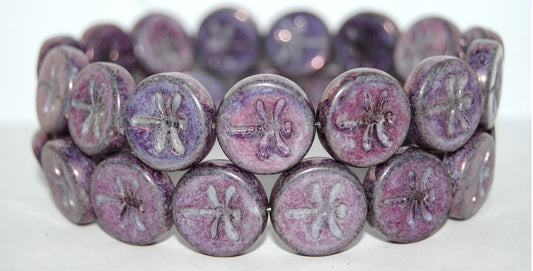 Round Flat Wit Dragonfly Pressed Glass Beads, White Purple (2010 15726), Glass, Czech Republic