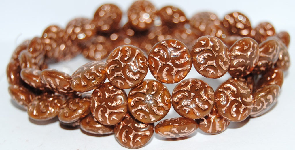 Lentil Round With Ornament Brain Pressed Glass Beads, (16616 54200), Glass, Czech Republic