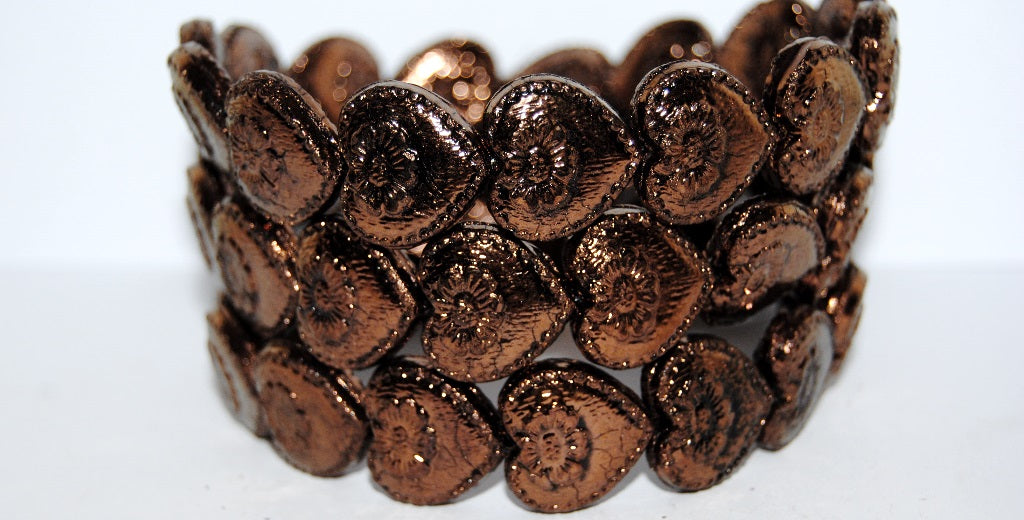 Heart With Flower Pressed Glass Beads, Black Bronze (23980 14415), Glass, Czech Republic