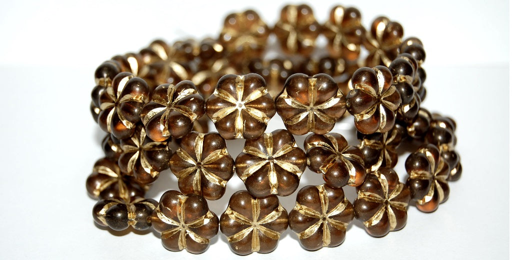 6-Petal Flower Pressed Glass Beads, Transparent Brown 54202 (10210 54202), Glass, Czech Republic