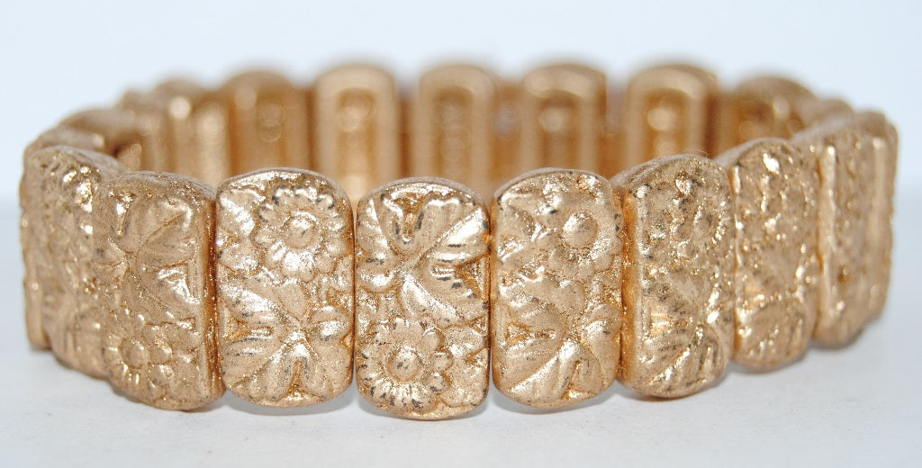 Flat Rectangle 2-Hole Pressed Glass Beads With Flower, Gold Colored (1710), Glass, Czech Republic