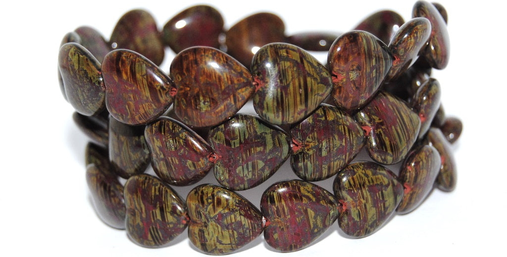 Heart Pressed Glass Beads, Opal Red Travertin (91260 86800), Glass, Czech Republic