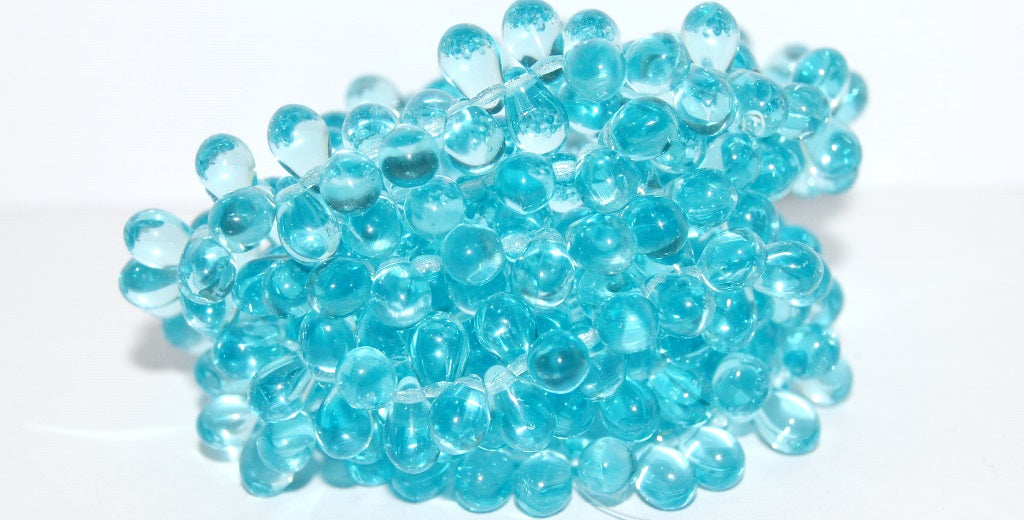 Pear Drop Pressed Glass Beads, Transparent Aqua (60000), Glass, Czech Republic