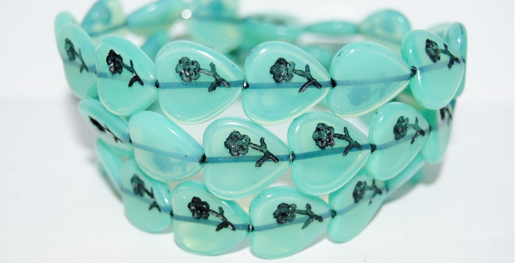 Heart Pressed Glass Beads With Flower, Opal Aqua 46479 (61100 46479), Glass, Czech Republic