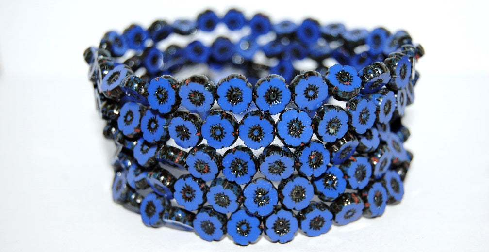 Table Cut Round Beads Hawaii Flowers, Rich Blue Travertin (33060 86800), Glass, Czech Republic