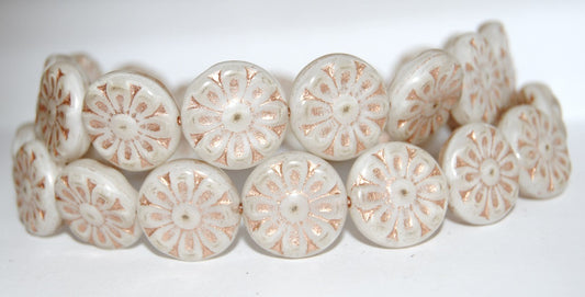 Flat Round With Flower Pressed Glass Beads, White 54200 (2010 54200), Glass, Czech Republic