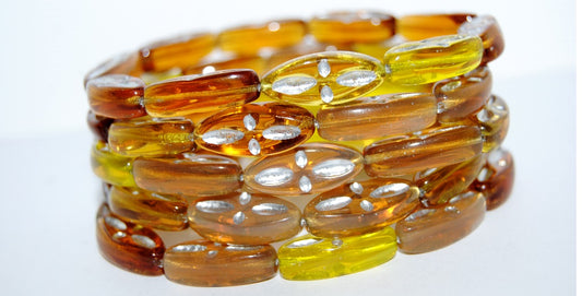 Boat Oval Pressed Glass Beads With Decor, Mixed Colors Topaz 54201 (Mix Topaz 54201), Glass, Czech Republic