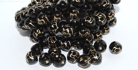 Round Pressed Glass Beads With Rose, Black 54202 (23980 54202), Glass, Czech Republic
