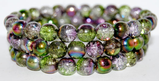 Round Pressed Glass Beads Druck, Green Purple Crack (95000 Crack), Glass, Czech Republic