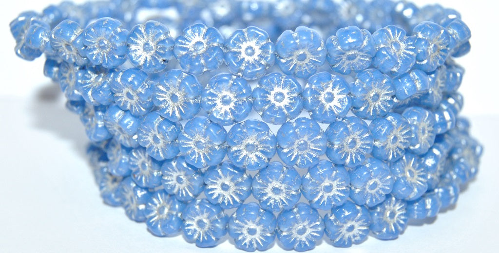 Hawaii Flower Pressed Glass Beads, Opal Blue 54201 (31010 54201), Glass, Czech Republic