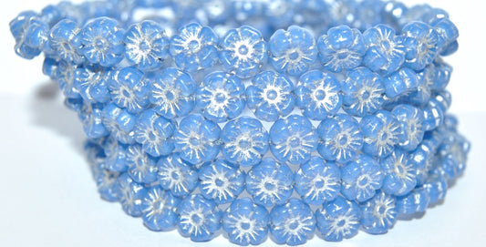 Hawaii Flower Pressed Glass Beads, Opal Blue 54201 (31010 54201), Glass, Czech Republic