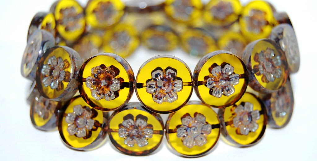 Table Cut Round Beads With Flower, Transparent Yellow 43400 (80020 43400), Glass, Czech Republic