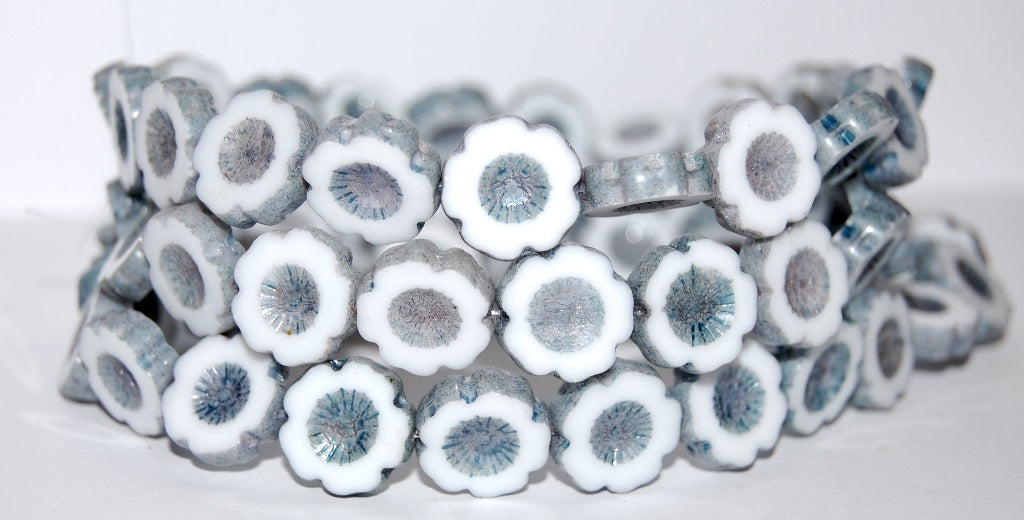 Table Cut Round Beads Hawaii Flowers, Chalk White Luster Blue Full Coated (3000 14464), Glass, Czech Republic