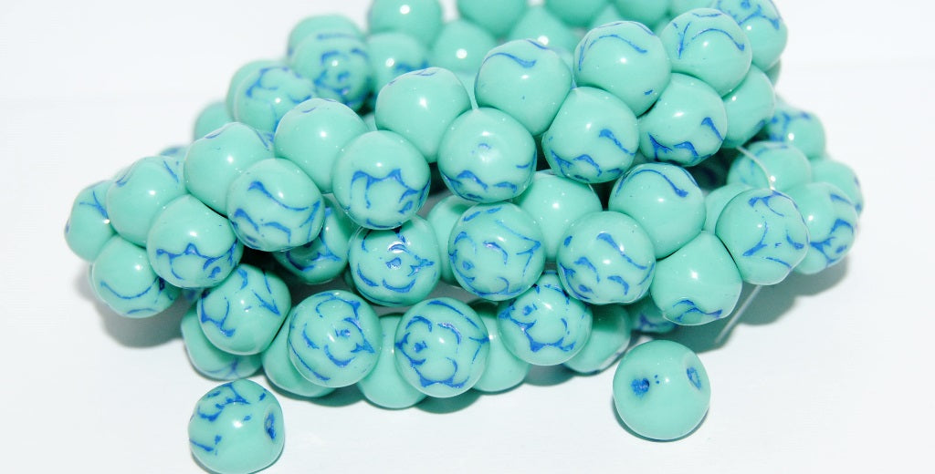 Round Pressed Glass Beads With Rose, Turquoise 46430 (63130 46430), Glass, Czech Republic