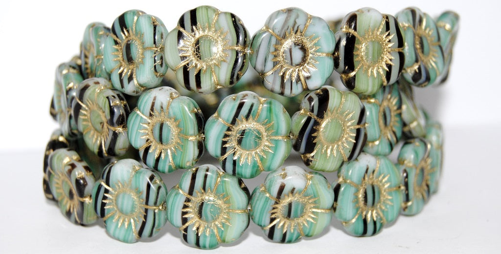 Round Flat Flower Pressed Glass Beads, Green Mixed Colors 54202 (Green Mix 54202), Glass, Czech Republic