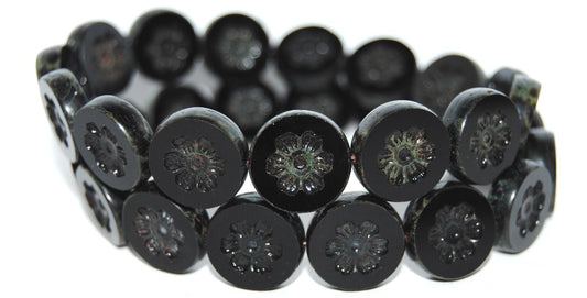 Table Cut Round Beads With Flower, Black Travertin (23980 86800), Glass, Czech Republic