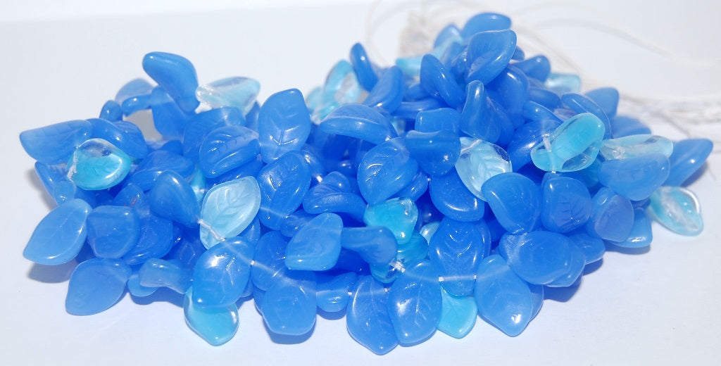 Ovate Leaf Pressed Glass Beads, Mixed Colors Blue (Mix Blue), Glass, Czech Republic