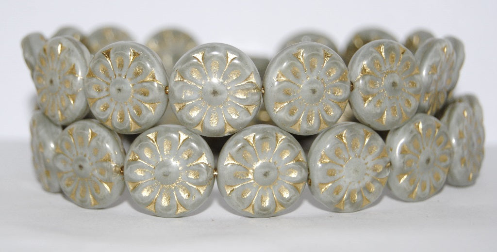 Flat Round With Flower Pressed Glass Beads, (46006 54202), Glass, Czech Republic