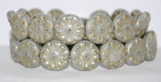 Flat Round With Flower Pressed Glass Beads, (46006 54202), Glass, Czech Republic