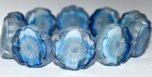 Table Cut Round Beads Hawaii Flowers, Light Blue White Delay Hematite (65016 14400), Glass, Czech Republic