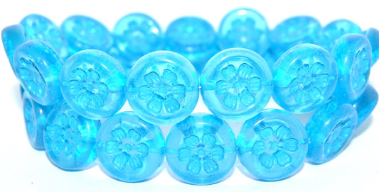 Round Flat With 6-Petal Flower Pressed Glass Beads, Transparent Aqua 46460 (60050 46460), Glass, Czech Republic