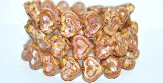 Heart With Heart Pressed Glass Beads, White Senegal Red (2010 15675), Glass, Czech Republic