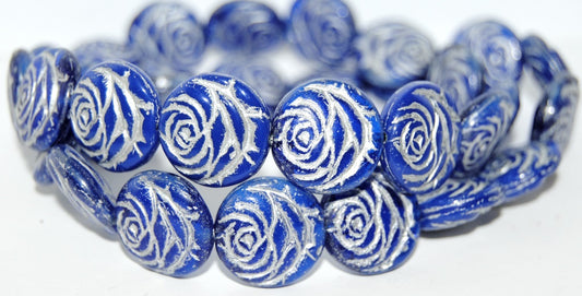Round Flat Rose Flower Pressed Glass Beads, Mix06308 Rich Blue 54201 (Mix06308 33060 54201), Glass, Czech Republic