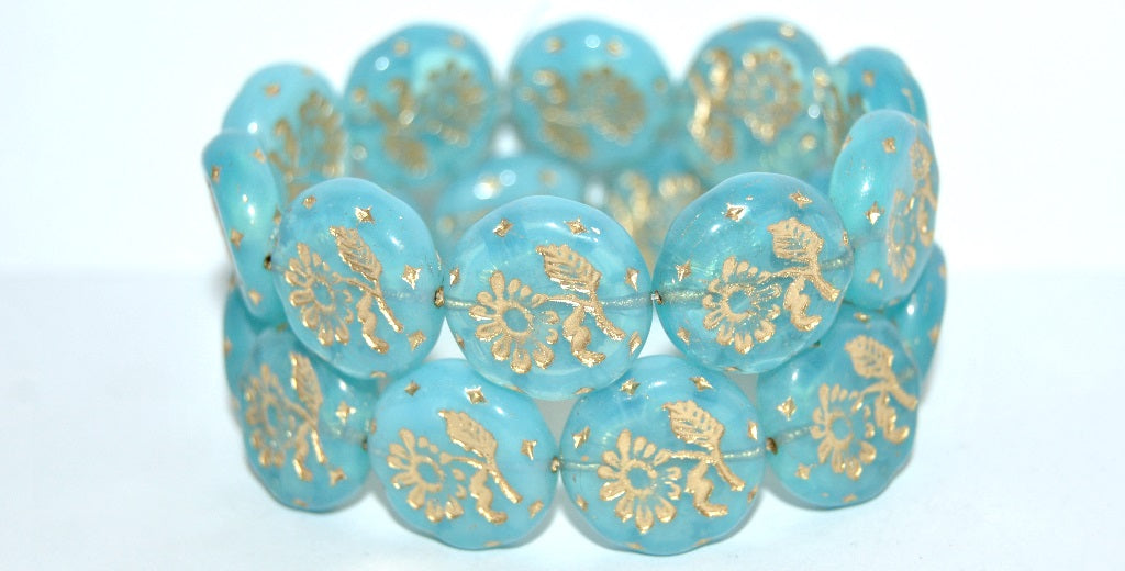 Round Flat With Flower Marguerite Pressed Glass Beads, Opal Aqua 54202 (61000 54202), Glass, Czech Republic