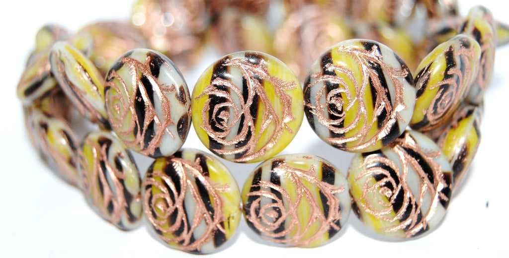 Round Flat Rose Flower Pressed Glass Beads, (85012 54200), Glass, Czech Republic