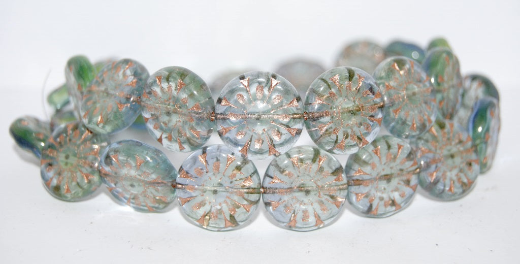 Flat Round With Flower Pressed Glass Beads, (87301 54200), Glass, Czech Republic