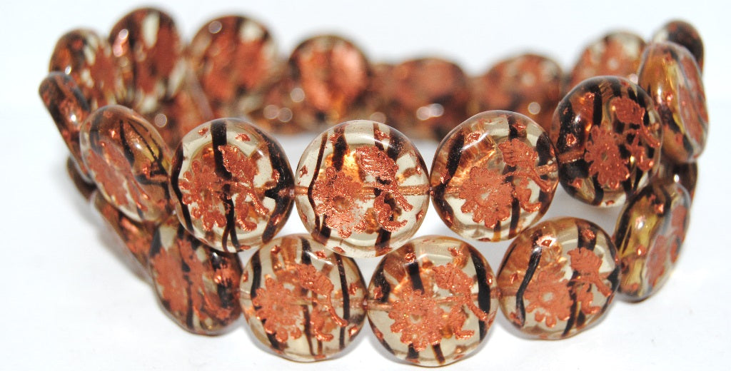 Round Flat With Flower Marguerite Pressed Glass Beads, (18016B 55307), Glass, Czech Republic