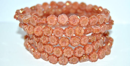 Table Cut Round Beads Hawaii Flowers, Opaque Pink Luster Red Full Coated (76016 14495), Glass, Czech Republic