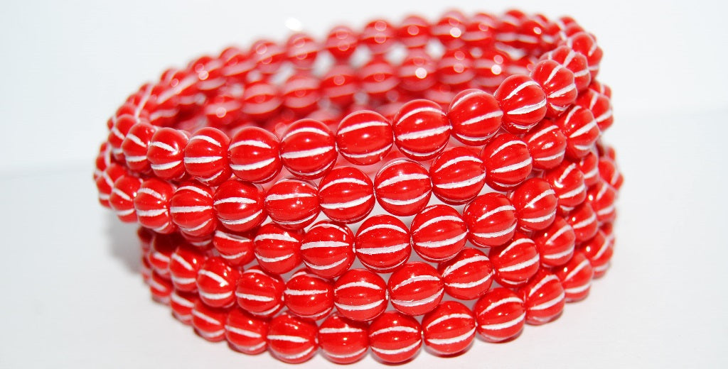 Melon Round Pressed Glass Beads With Stripes, Red 46401 (93190 46401), Glass, Czech Republic