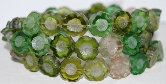 Table Cut Round Beads Hawaii Flowers, Green Mixed Colors 5 (Green Mix 5), Glass, Czech Republic