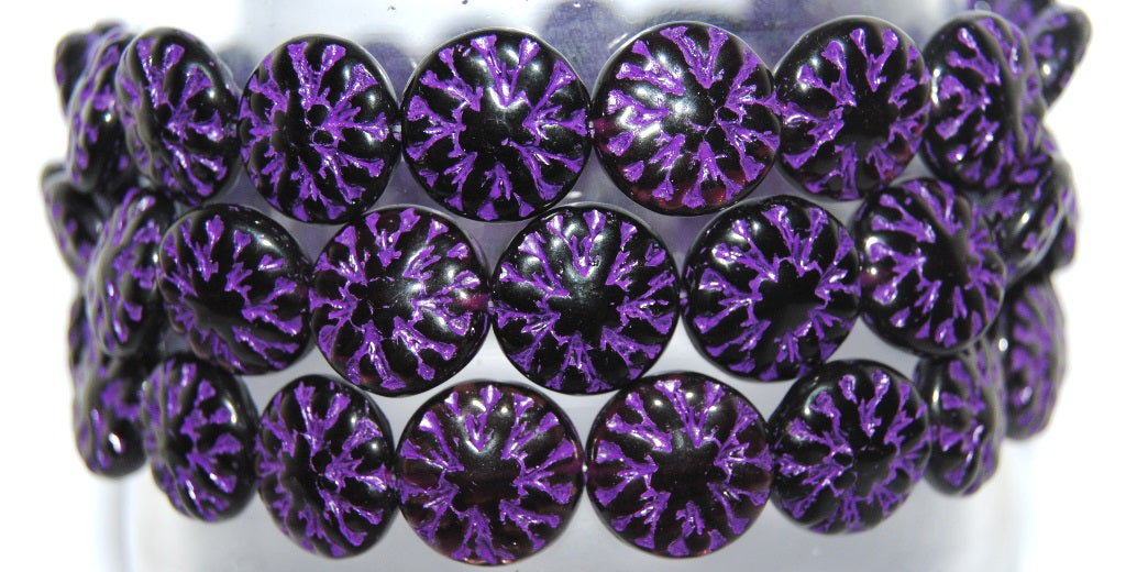 Round Flower Edelweiss Pressed Glass Beads, Black 46420 (23980 46420), Glass, Czech Republic