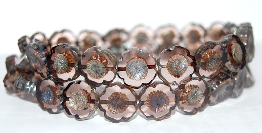 Table Cut Round Beads Hawaii Flowers, Transparent Pink 43400 (70120 43400), Glass, Czech Republic