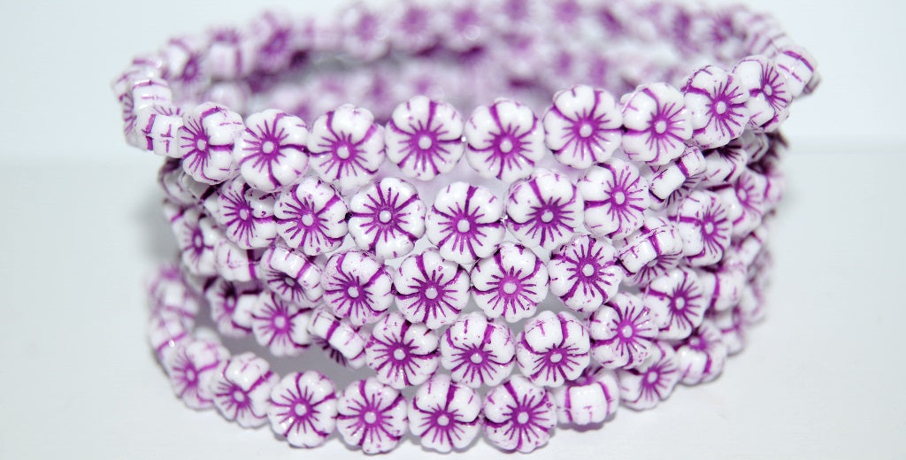 Hawaii Flower Pressed Glass Beads, White 46420B (2010 46420B), Glass, Czech Republic