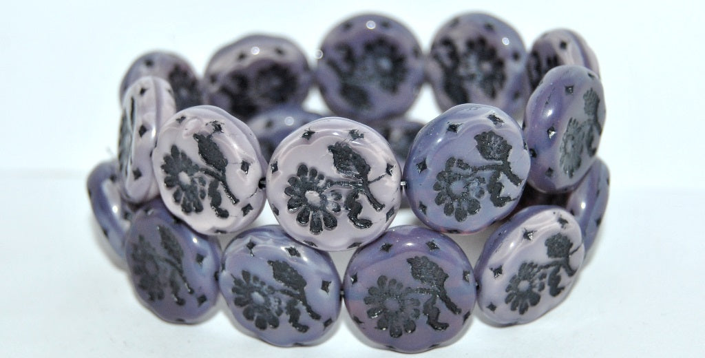 Round Flat With Flower Marguerite Pressed Glass Beads, (21350 46769), Glass, Czech Republic