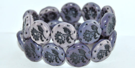 Round Flat With Flower Marguerite Pressed Glass Beads, (21350 46769), Glass, Czech Republic