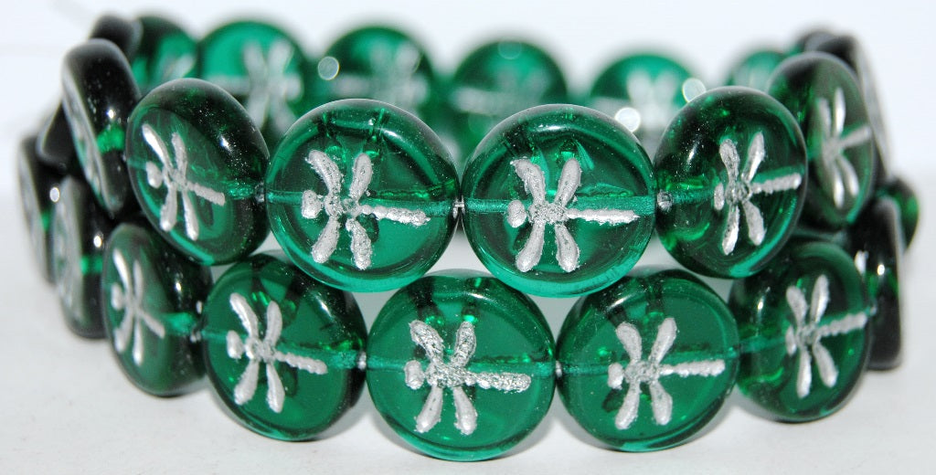 Round Flat Wit Dragonfly Pressed Glass Beads, Transparent Green Emerald 54201 (50720 54201), Glass, Czech Republic