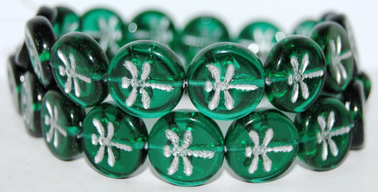Round Flat Wit Dragonfly Pressed Glass Beads, Transparent Green Emerald 54201 (50720 54201), Glass, Czech Republic