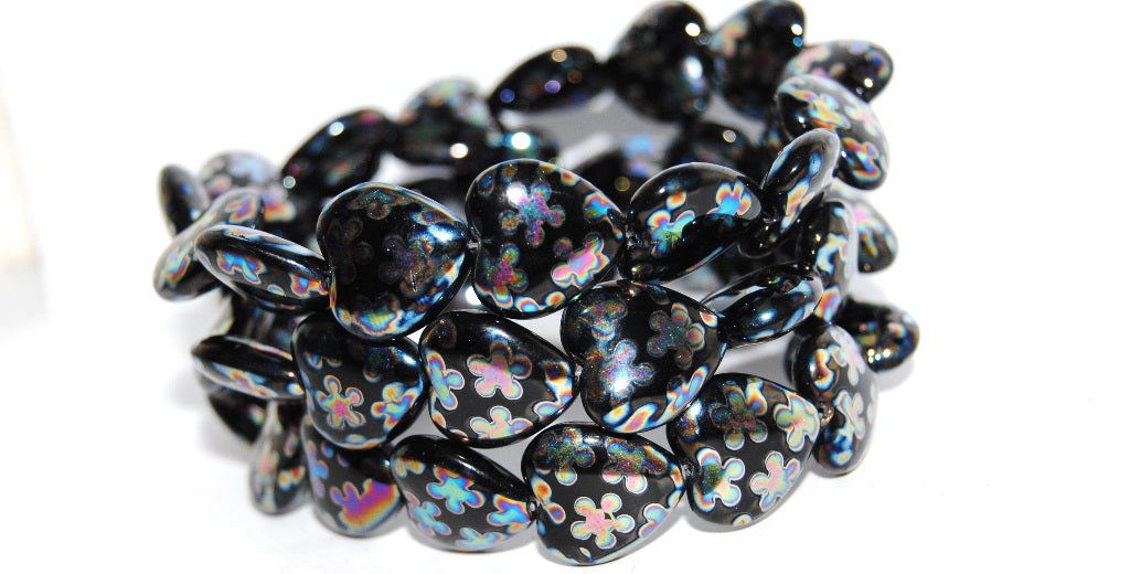 Heart Pressed Glass Beads, Black Flower Vitrum 2Xside (23980 Flower Vitrum 2Xside), Glass, Czech Republic