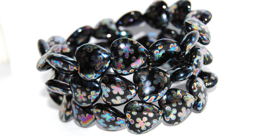 Heart Pressed Glass Beads, Black Flower Vitrum 2Xside (23980 Flower Vitrum 2Xside), Glass, Czech Republic