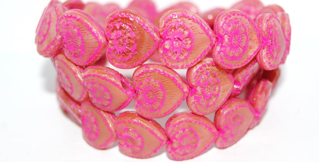 Heart With Flower Pressed Glass Beads, Opaque Pink 46470 (74020 46470), Glass, Czech Republic