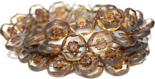 Table Cut Round Beads With Flower, Transparent Blue Travertin (30010 86800), Glass, Czech Republic