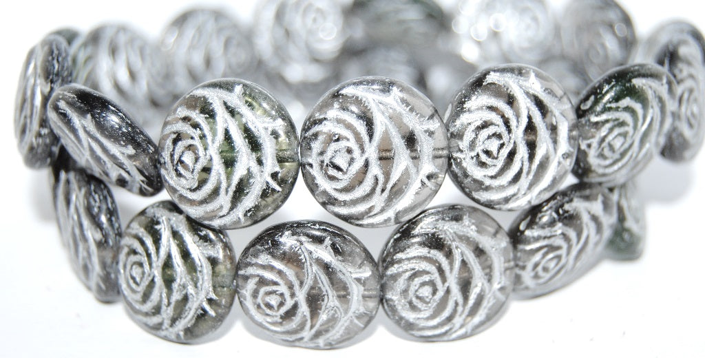 Round Flat Rose Flower Pressed Glass Beads, (47401B 54201), Glass, Czech Republic