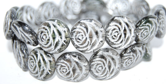 Round Flat Rose Flower Pressed Glass Beads, (47401B 54201), Glass, Czech Republic